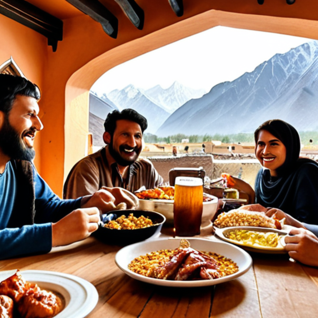 A cozy, inviting scene in Pakistan's Northern Areas: a group of friends gathered at a local, rustic craft brewery. They are sharing a delicious, smoky Saaji (spit-roasted meat) platter, beautifully paired with unique, locally-brewed craft beers made from regional barley and fruits. The background subtly features the majestic mountains and traditional architecture of the Northern Areas. Warm, amber lighting highlights the steam from the food and the cheerful faces, capturing a moment of authentic cultural connection and shared culinary joy.