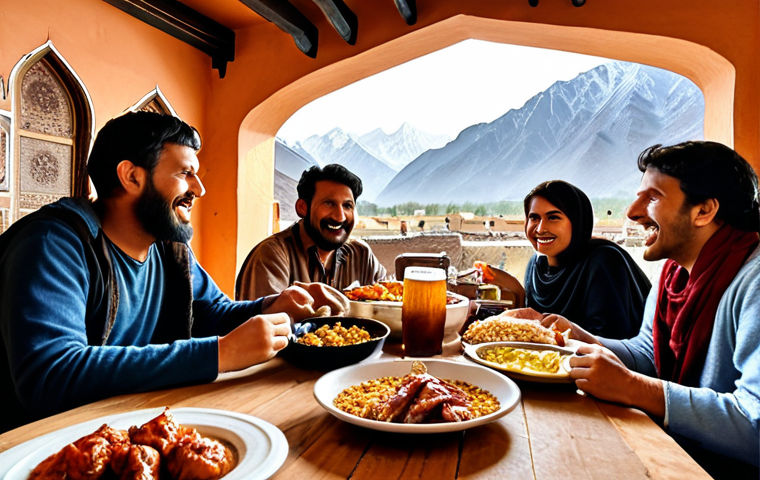 A cozy, inviting scene in Pakistan's Northern Areas: a group of friends gathered at a local, rustic craft brewery. They are sharing a delicious, smoky Saaji (spit-roasted meat) platter, beautifully paired with unique, locally-brewed craft beers made from regional barley and fruits. The background subtly features the majestic mountains and traditional architecture of the Northern Areas. Warm, amber lighting highlights the steam from the food and the cheerful faces, capturing a moment of authentic cultural connection and shared culinary joy.