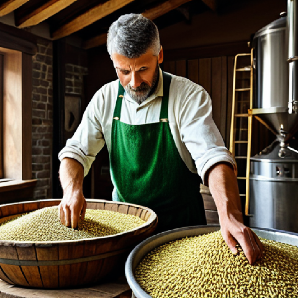 라거 맥주 특징 - **
"A traditional lager brewing scene, featuring a craftsman carefully selecting barley and hops. D...