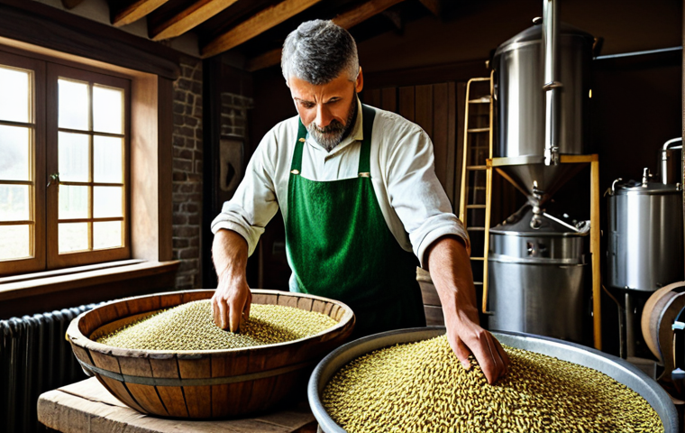 라거 맥주 특징 - **
"A traditional lager brewing scene, featuring a craftsman carefully selecting barley and hops. D...