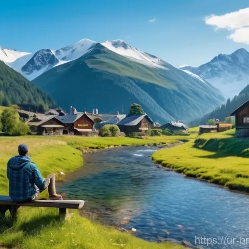 지역별 수제맥주 특징 - **Mountain Ale Ambience:** A breathtaking wide shot of a tranquil mountain village, nestled amongst ...