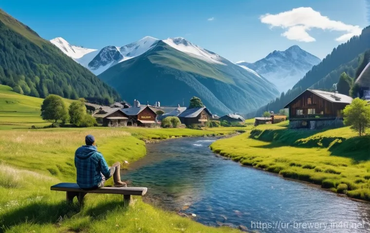 지역별 수제맥주 특징 - **Mountain Ale Ambience:** A breathtaking wide shot of a tranquil mountain village, nestled amongst ...