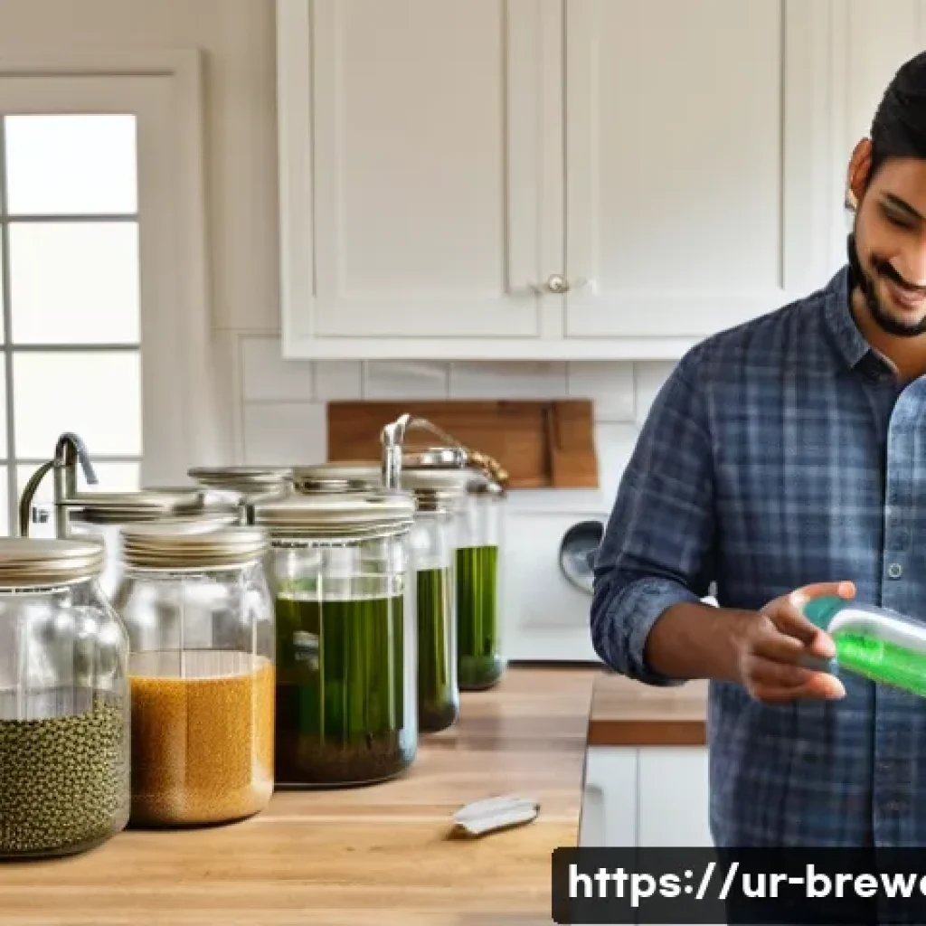 수제맥주 양조사 교육 - **Prompt:** "A brightly lit, clean home kitchen. A person of South Asian descent, in modest, comfort...